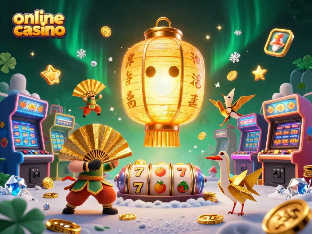 Engage with an exciting online casino scene featuring a golden lantern spirit and vibrant game elements.