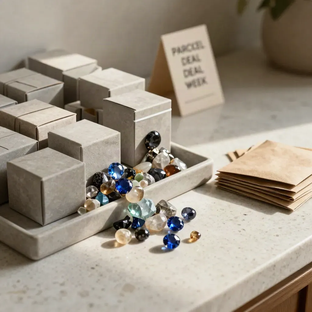 Open gemstone parcel bundles and trays with sapphire accents on travertine.