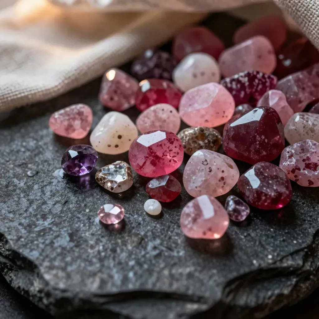 Macro of ruby pink mixed gemstones on wet dark stone with linen and a rough mineral chip