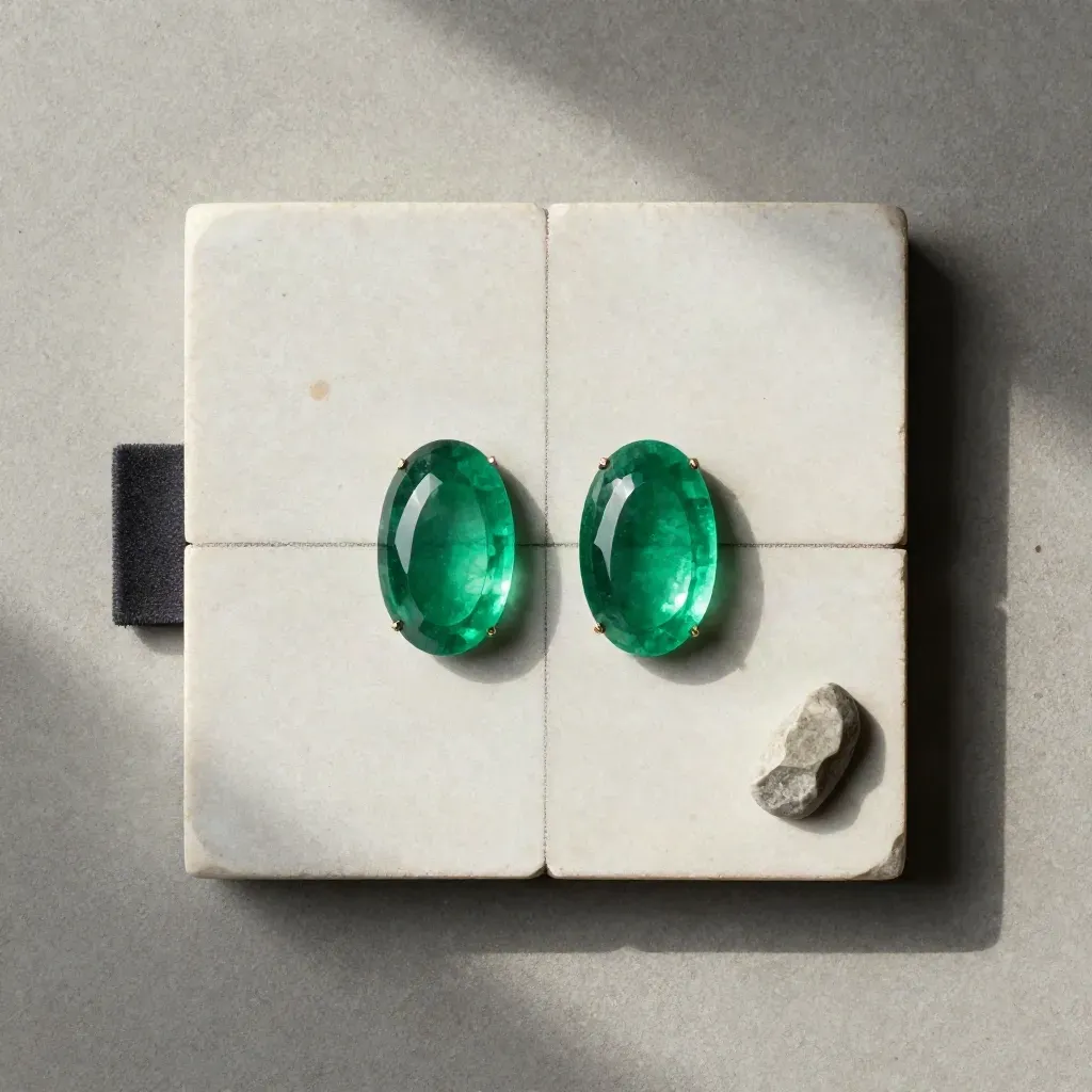 Overhead flatlay of two emerald cabochons, velvet pad and calibration stone on pale stone.