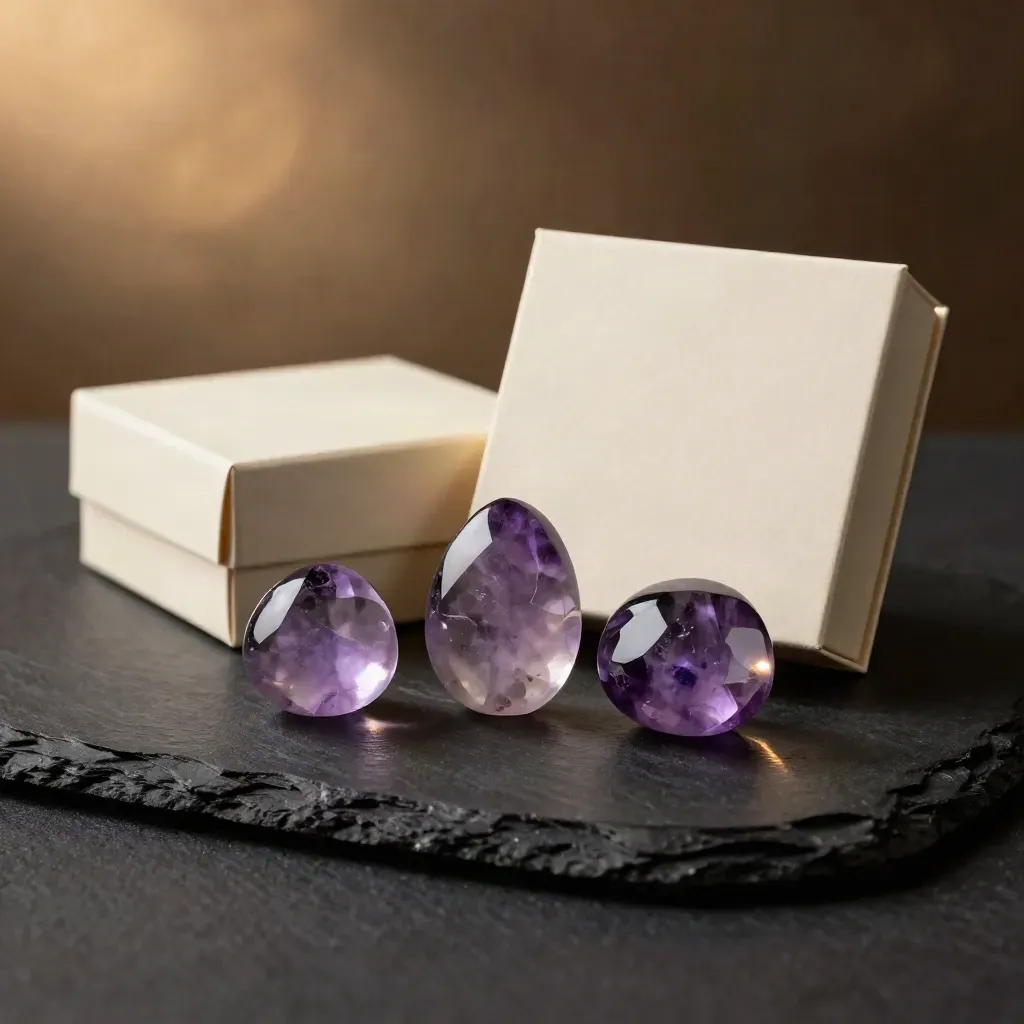 Three amethyst gift stones beside a cream box on dark slate, lit in a dramatic studio.
