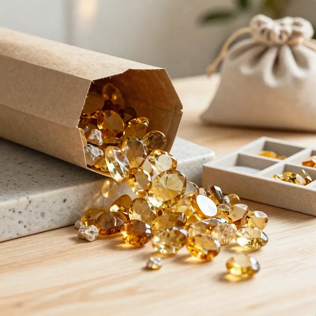 Citrine stones spill from a kraft sleeve and tray across pale wood in warm window light.