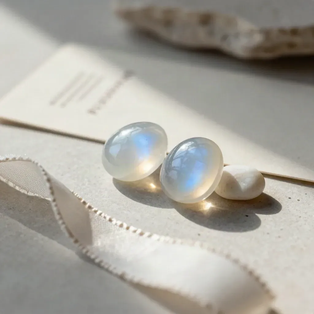 Pale moonstone pair with gauze and plaster, softly glowing in a macro product shot.