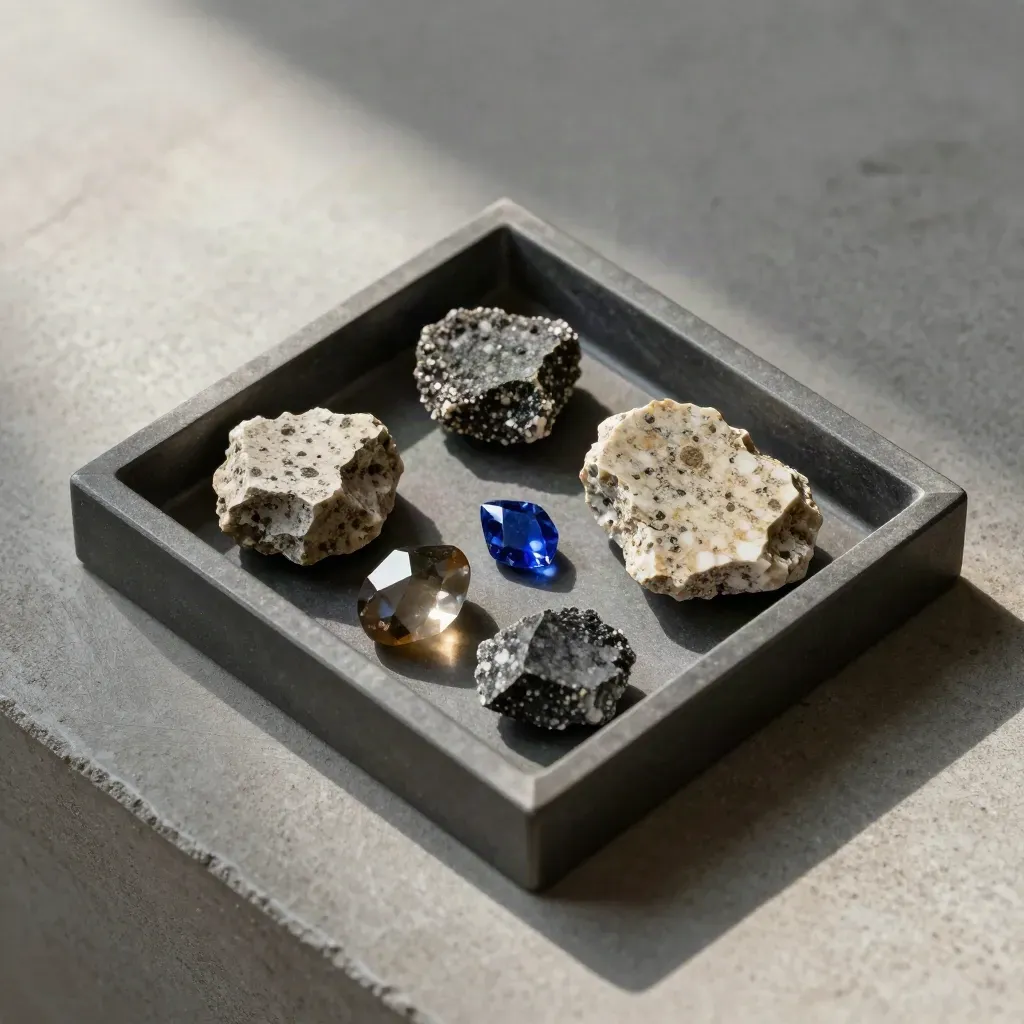 Mineral tray with rough specimens, a clean stone chip, and one sapphire-blue shard.