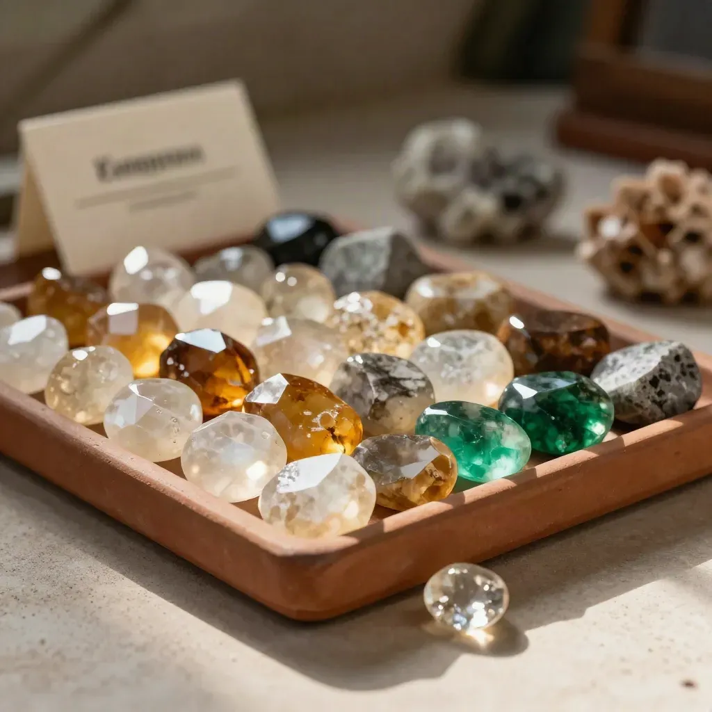 Sorted gemstone trays on terracotta with one loose stone and emerald highlight.