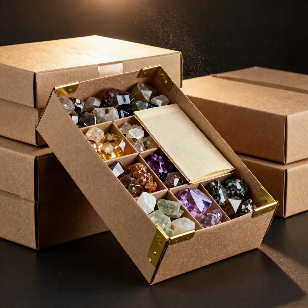 Stacked parcel boxes spilling mixed gemstone trays under dramatic studio light.