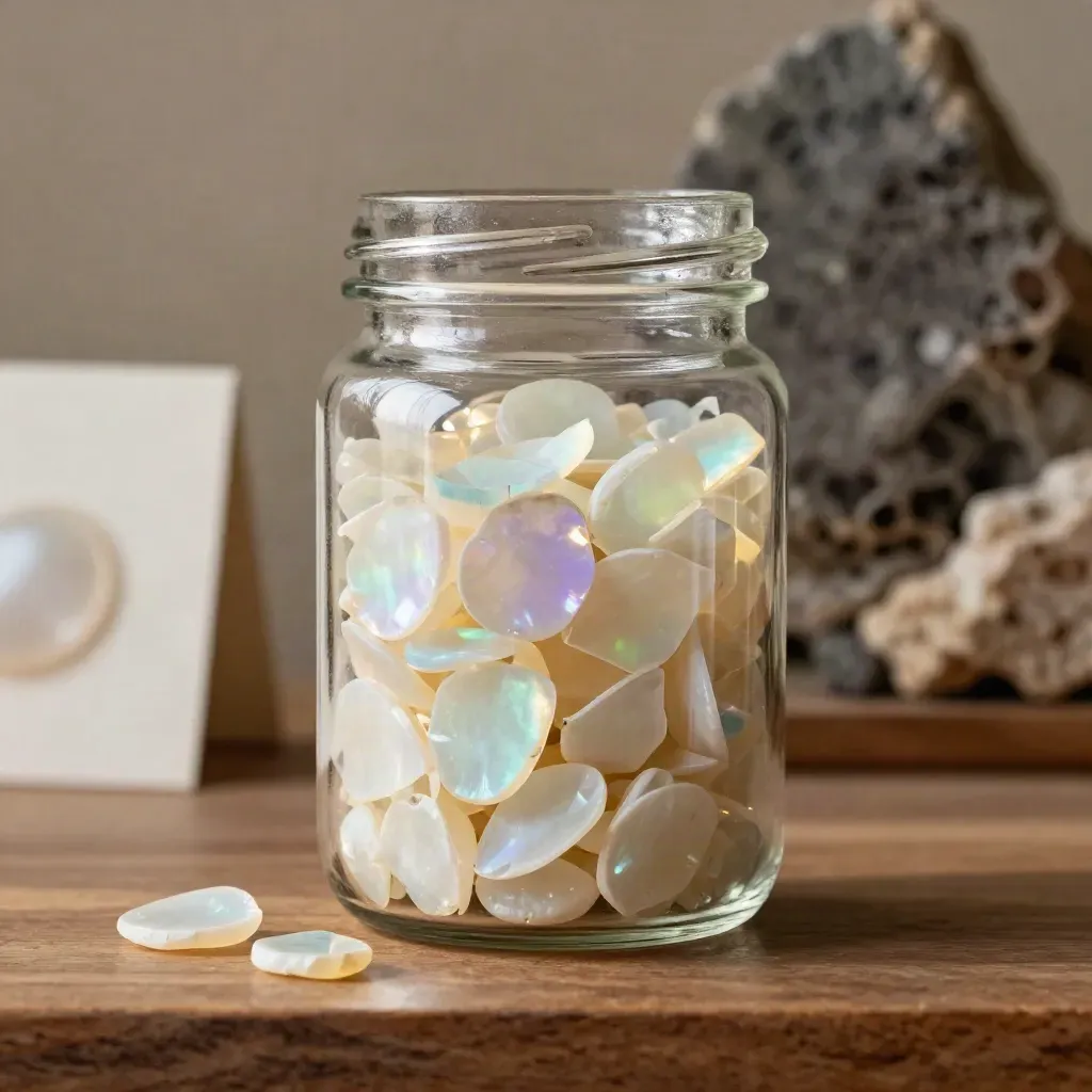 Clear jar of opal chip mix with iridescent fragments on walnut, softly lit and pearl-toned.