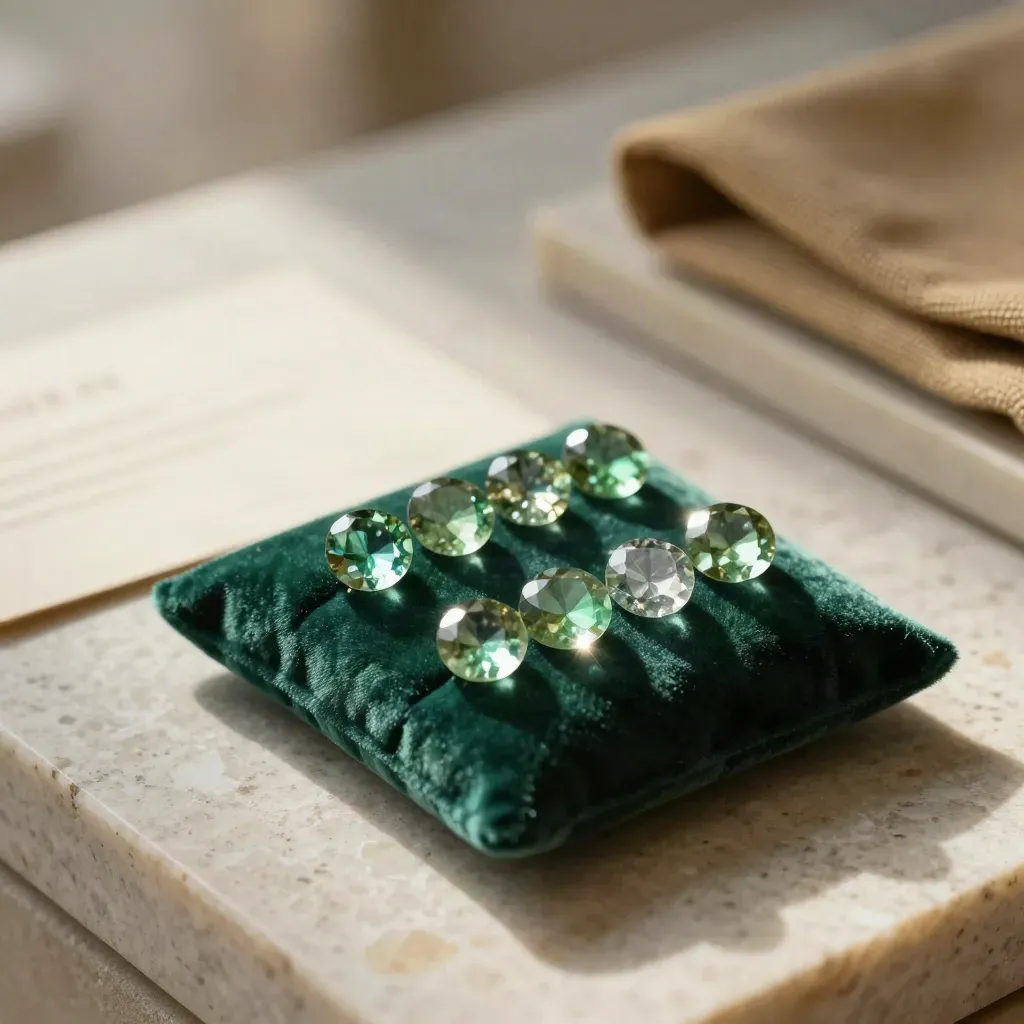 Green tourmaline pair on emerald velvet with crystal accent and blurred card