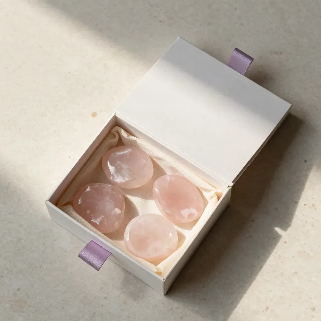 Overhead flatlay of an opened rose quartz gift box with four stones, tissue folds, and a ribbon loop