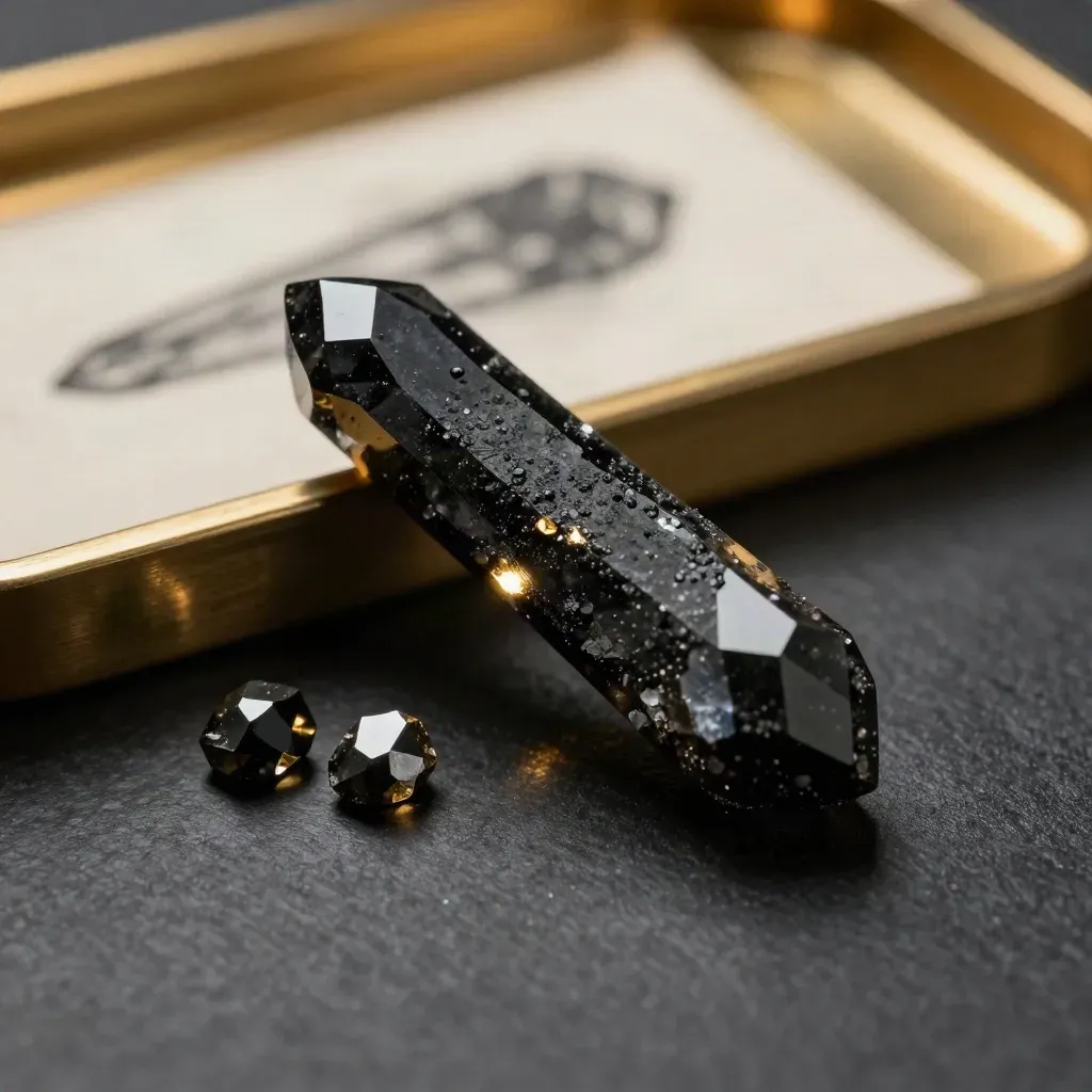 Black spinel parcel lot in a shallow tray with two companion chips, dark dramatic macro lighting.