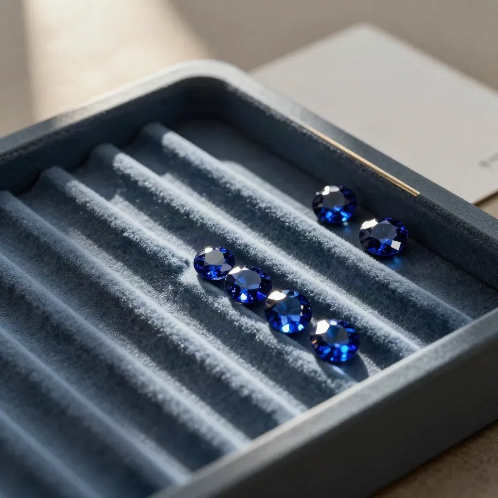 Macro of a sapphire sorting tray with graded rows and two stray stones