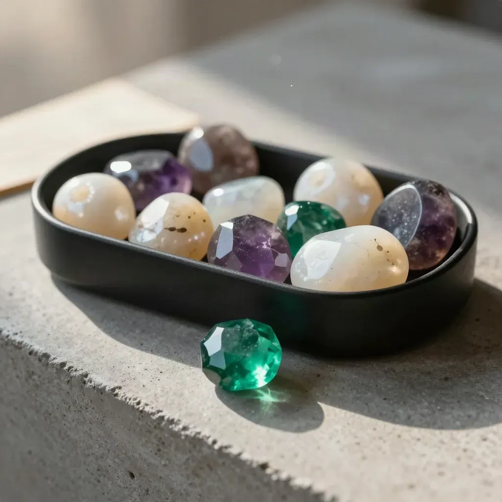 Mixed gemstone bundle in a black tray with one green gem on concrete.