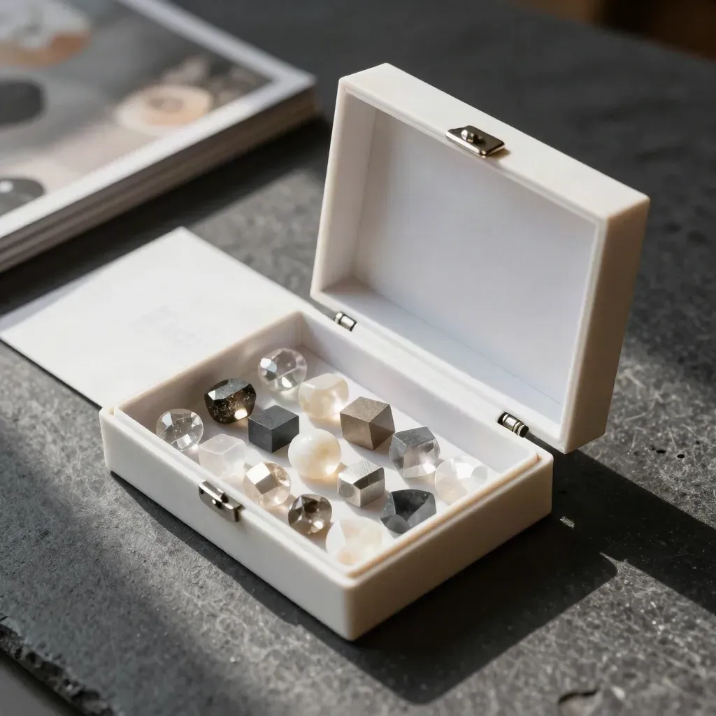 Pearl-white jewel sample box opened to a tray of miniature stones on a dark stone workbench.
