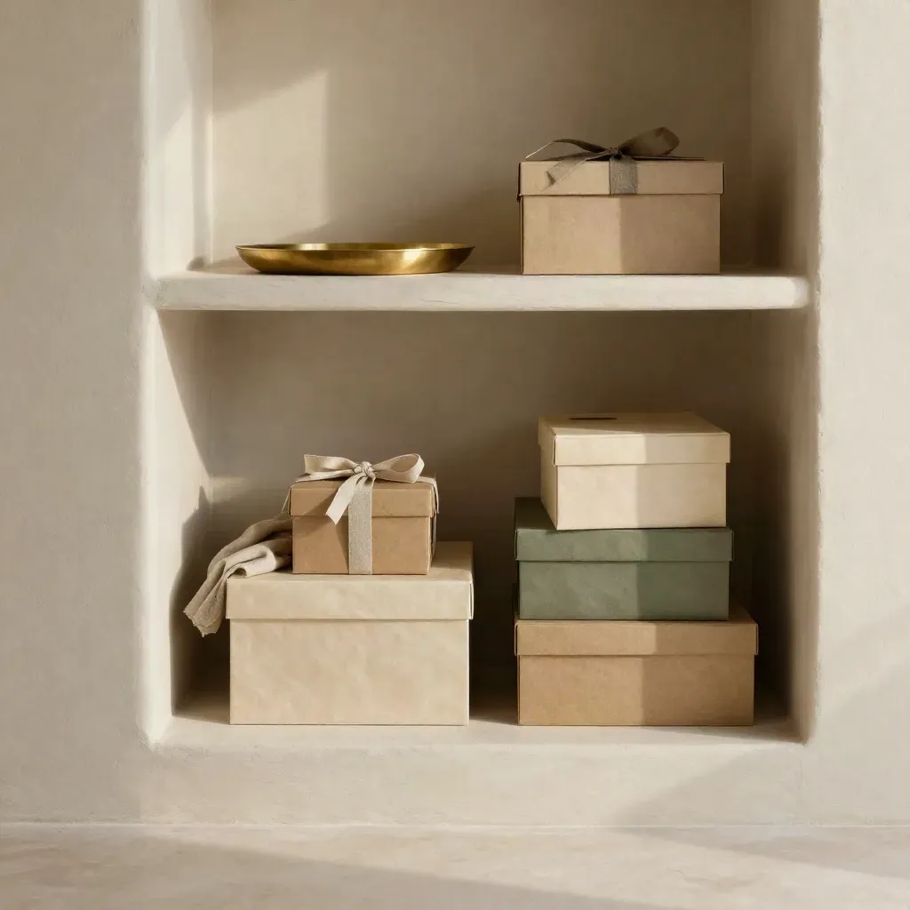 Warm plaster alcove with stacked gift boxes, soft cloth, and morning light.