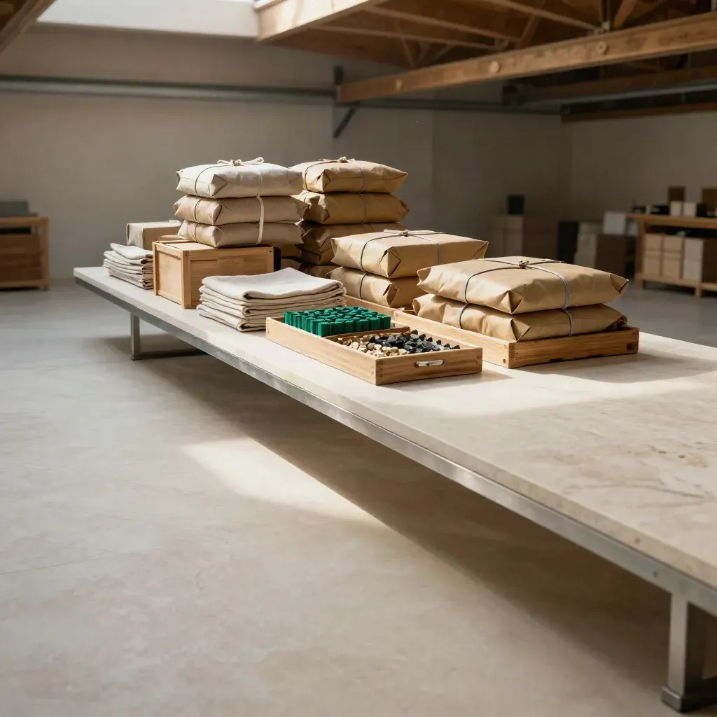 Warehouse table with bundled gemstone parcel lots, crates, and calm copy space under skylight.