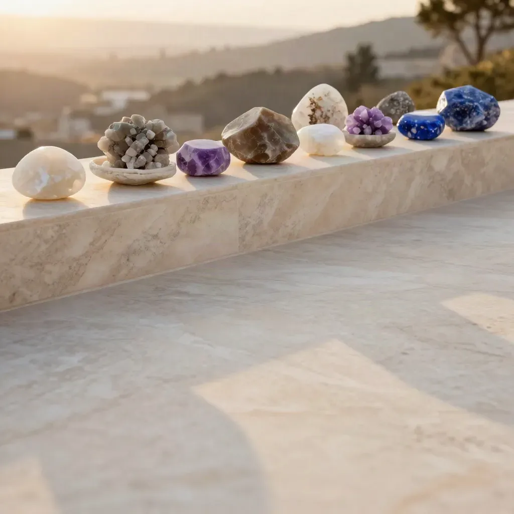 Gemstone color groups on a sunlit travertine terrace with calm copy space