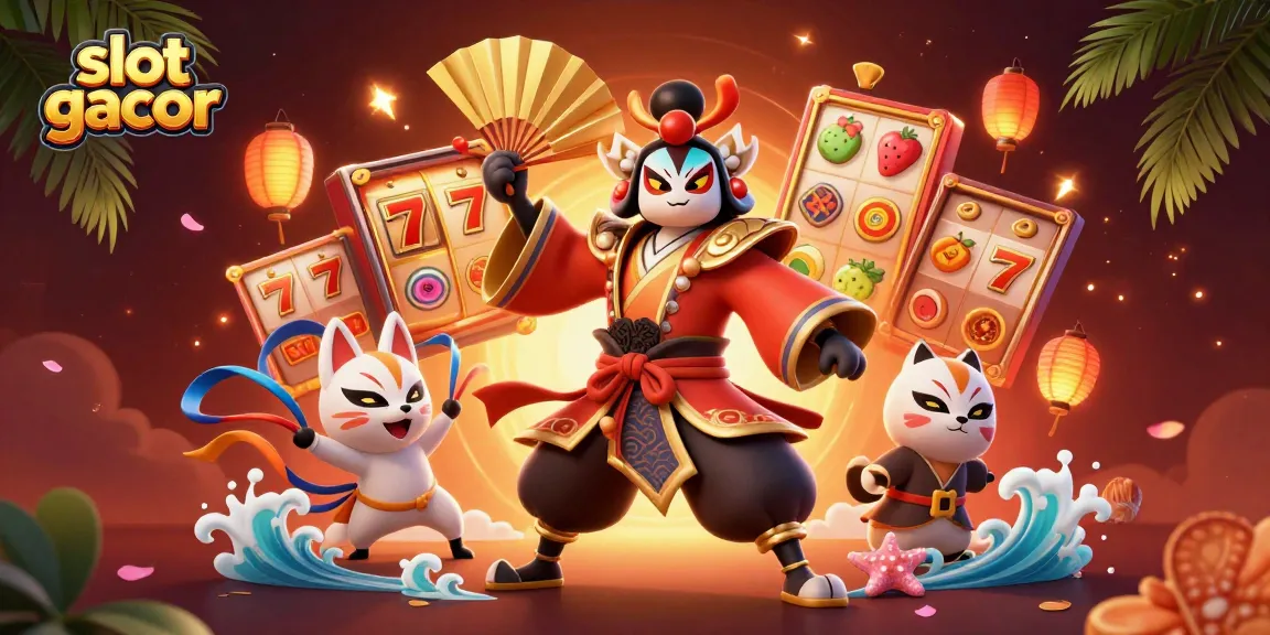 Play slot gacor and win big with stunning visuals of a kabuki warrior and slot elements.
