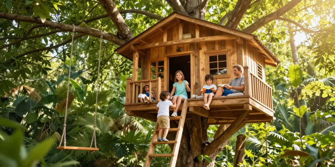 Family enjoying treehouses in a serene forest setting.