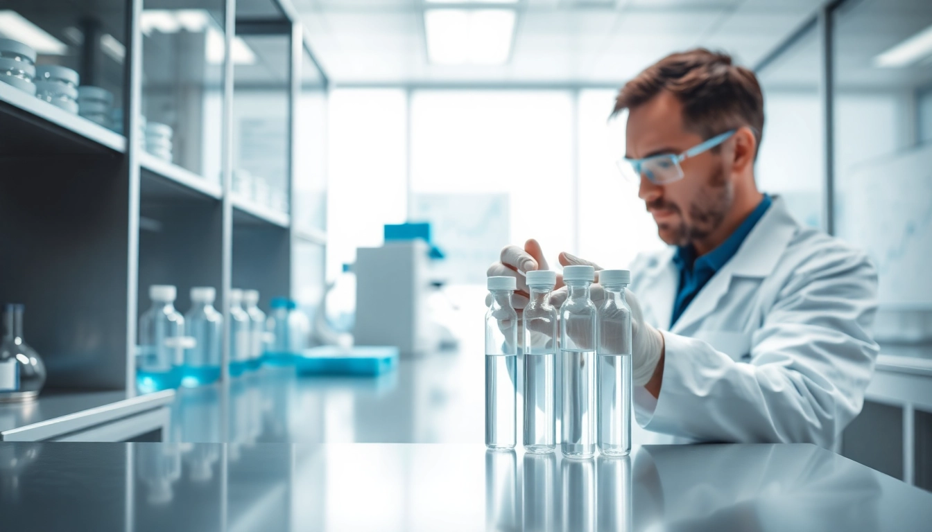 Analyze amc essentials in a vibrant laboratory focused on research peptides.