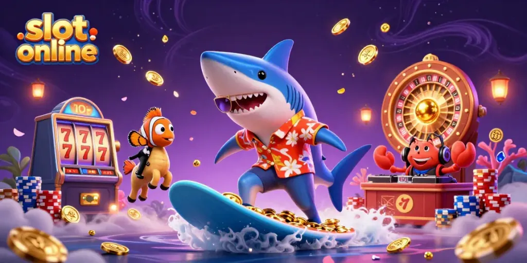 Experience vibrant slot online action with a hammer-head shark surfing gold coins, surrounded by dynamic casino elements.