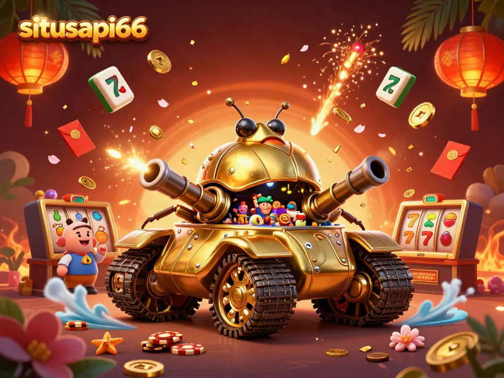 Experience the excitement at situsapi66 with a vibrant 3D casino scene featuring mini slot machines.