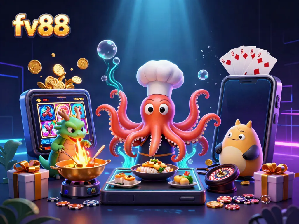 Experience the excitement of fv88 with a dynamic scene featuring cartoon characters preparing gourmet dishes amidst a vibrant casino atmosphere.