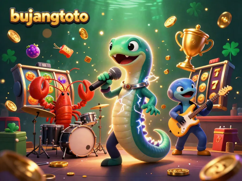 Bujangtoto underwater casino scene with a DJ electric eel, lobster drummer, and seahorse guitarist spinning colorful slot reels.