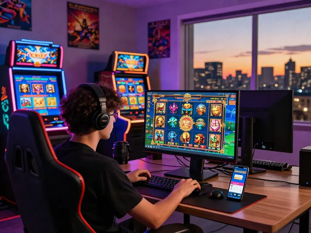 Pengguna bermain slot gacor gampang menang di ZEUS222 dengan suasana penuh warna dan peralatan gaming.