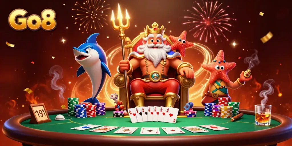 Experience exciting poker action at Go8 with Neptune and friends in a dynamic, festive scene.