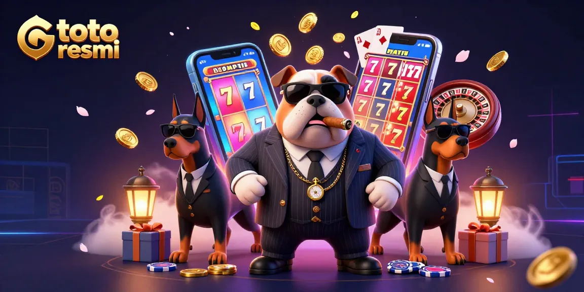 Gambaran toto resmi dengan karakter mafia bulldog dan Doberman di dalam suasana kasino yang penuh energi dan warna.