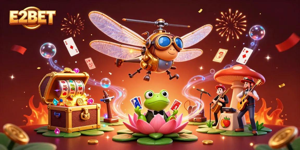 E2BET invites players to spin for win with a vibrant casino scene, featuring a dragonfly pilot and frog dealer.