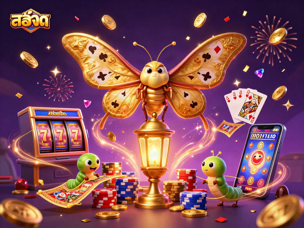 Spin the lucky สล็อต reels with vibrant casino scenes featuring a moth and golden elements.