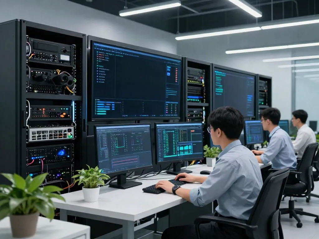 AI inference metrics displayed in a modern data center showing GPU servers at work.