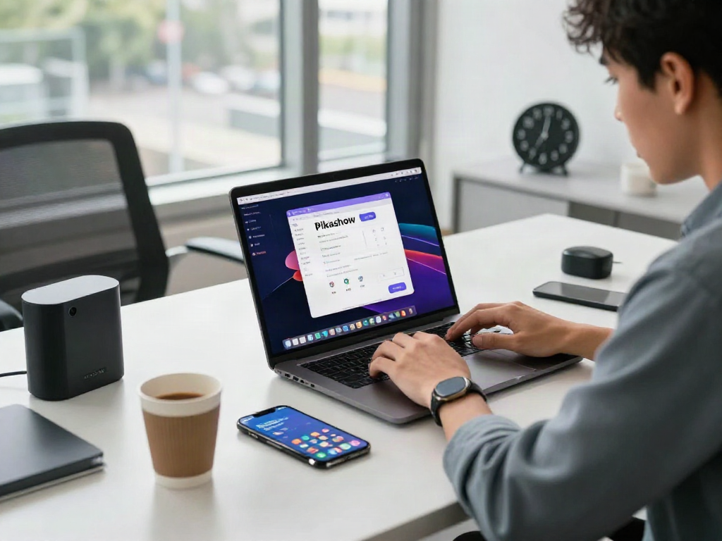 Download Pikashow Apk displayed on a laptop screen, highlighting a productive tech workspace filled with gadgets.