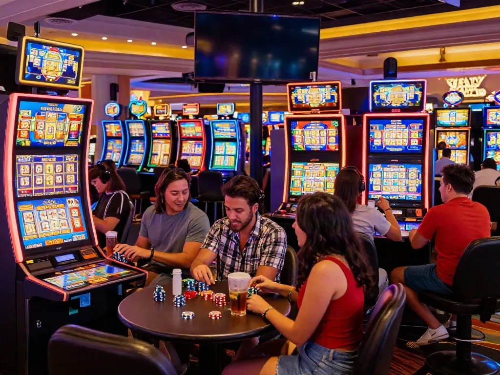 Diverse friends enjoying an exciting slot777 gaming experience in a lively casino.