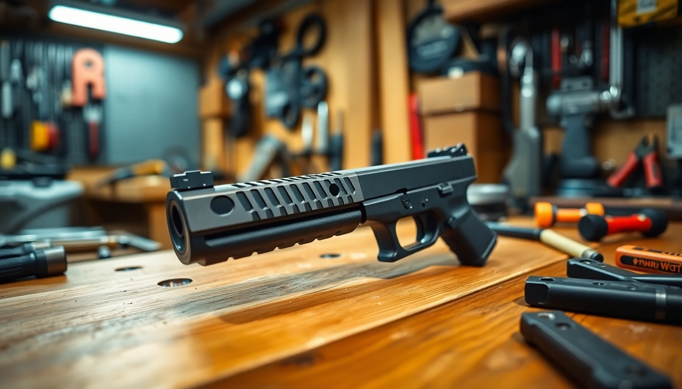 Showcase the glock 48 slide with vibrant details and tools in a workshop setting.