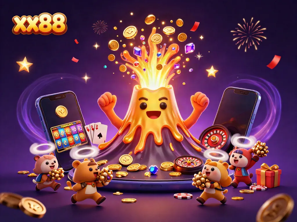 Experience winning with xx88 as gold coins and treasure erupt from a sentient volcano.