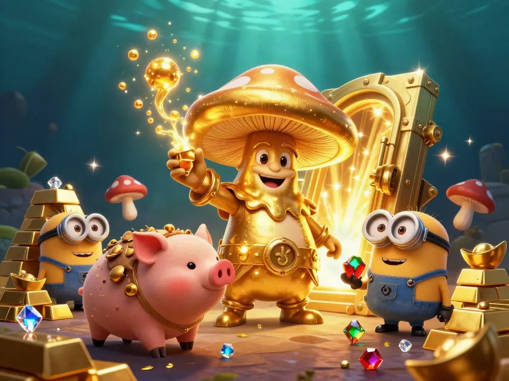 Bola88 agen judi bola nomor 1 di Indonesia showcases a magical scene with a golden mushroom wizard and treasure.