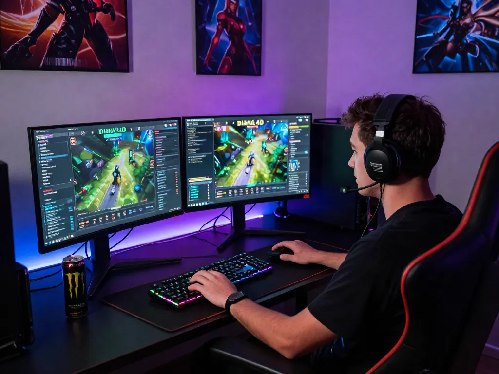 Pengguna diana4d bermain game di lingkungan gaming modern dengan dua monitor dan suasana warna-warni.