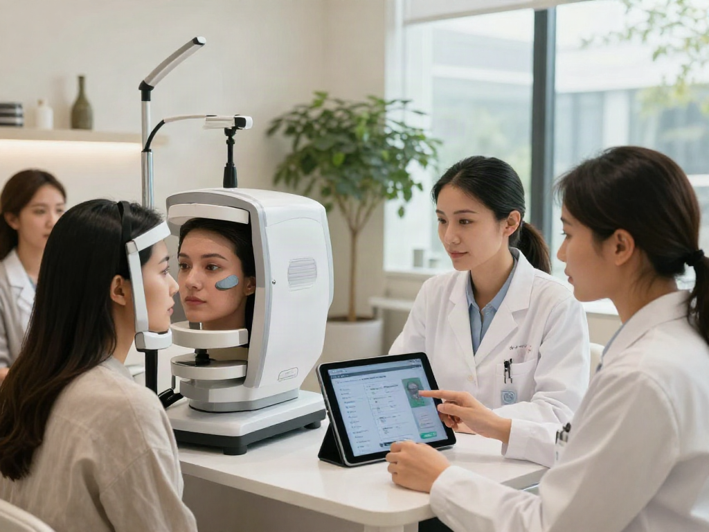 ClinicEvo vs QOVES facial analysis in a modern clinic with diverse clients and professionals.