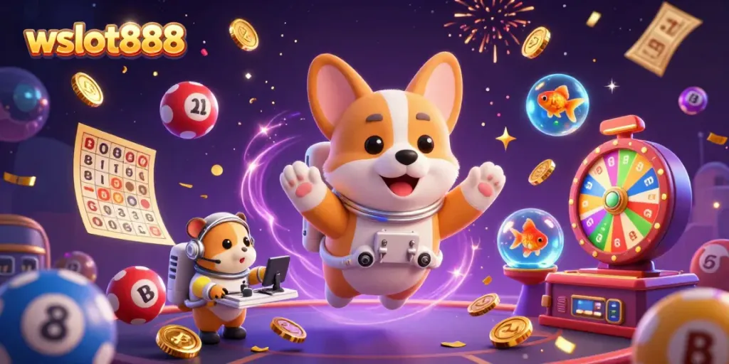 Visualisasikan momen seru di wslot888 dengan corgi astronot dan permainan kasino yang mengambang.