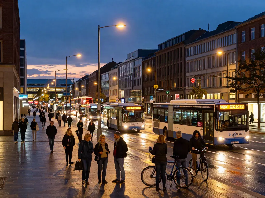 Transporte Dortmund Szenen mit modernen Bussen und Radfahrern in der Stadt.