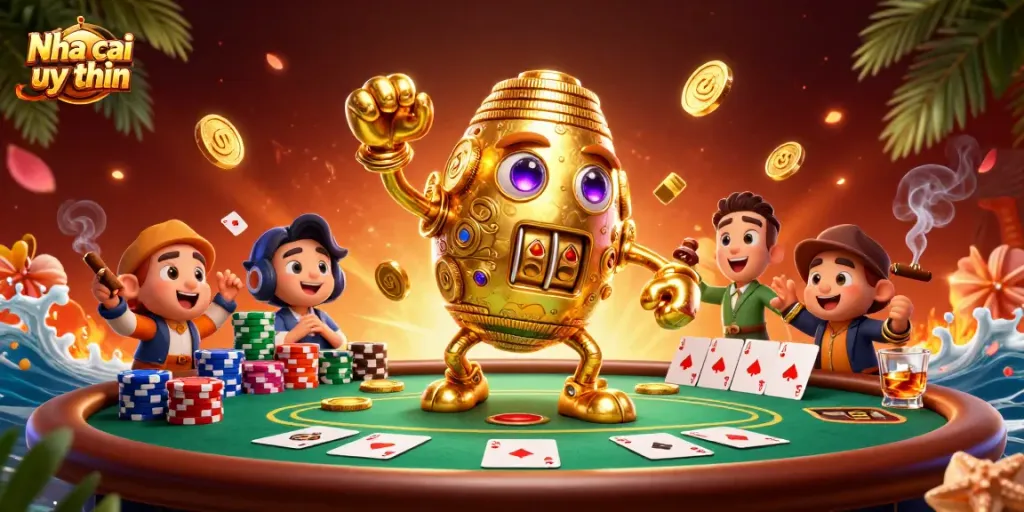 Experience thrilling bets at Nha cai uy tin with an energetic golden golem amidst poker action