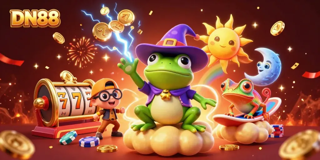 Experience the excitement of DN88 with a whimsical 3D illustration featuring a wizard frog and a chameleon in a vibrant casino scene.