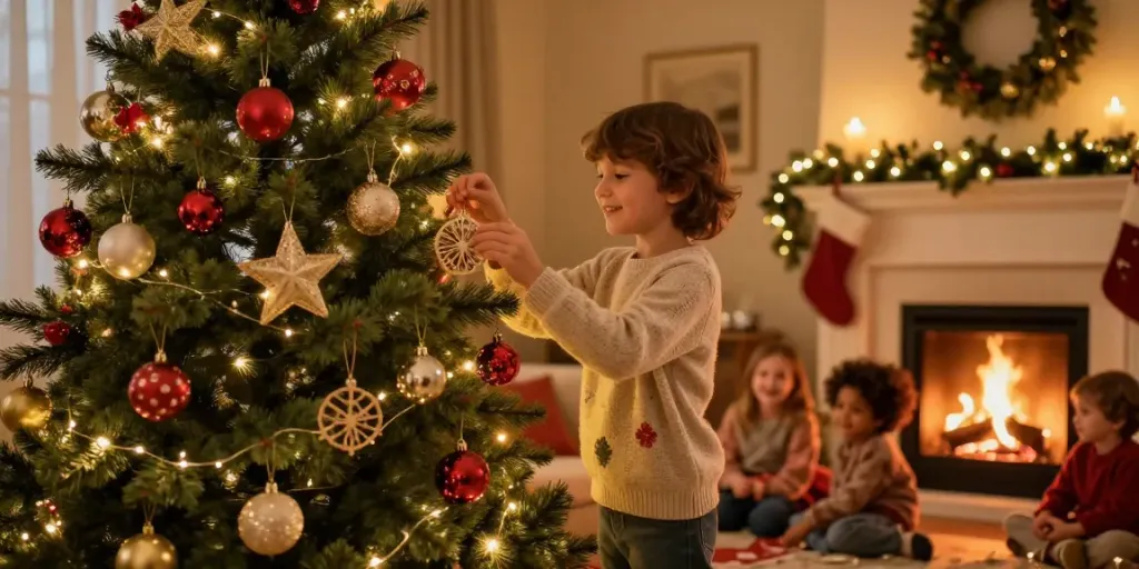 Family decorating a pencil Christmas tree in a cozy living room.
