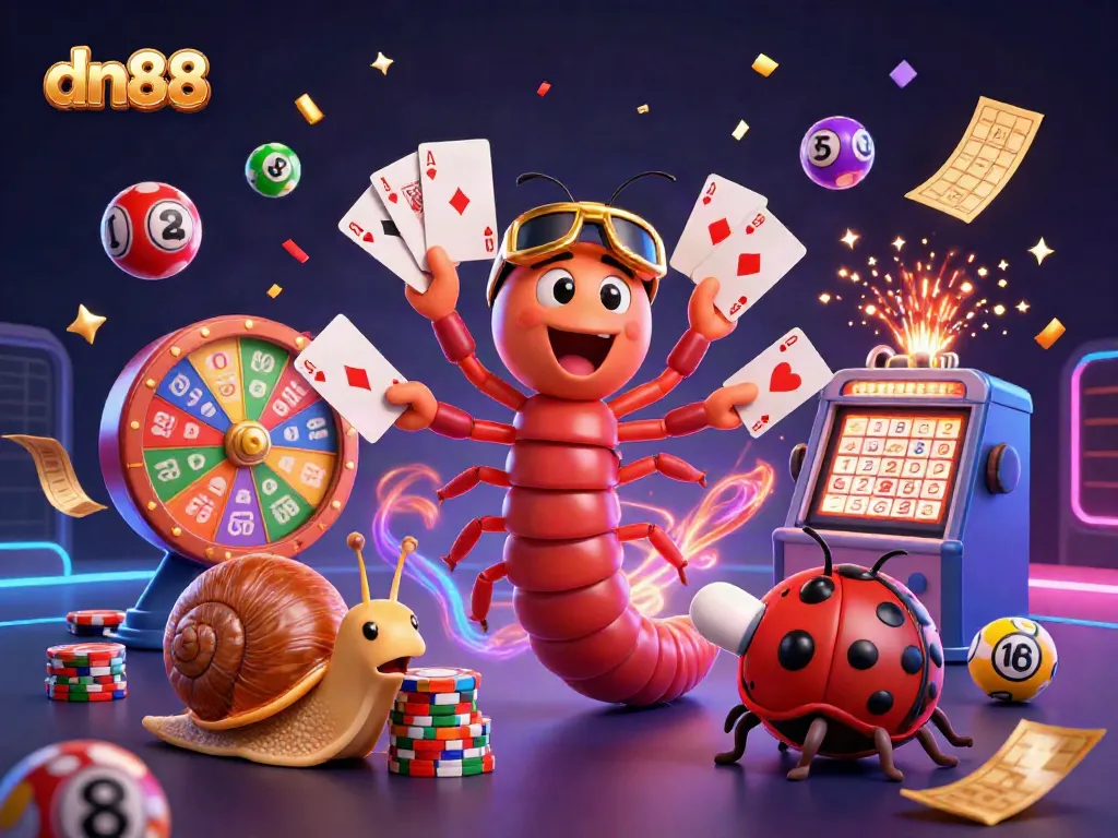 Experience the excitement of dn88 with a colorful casino scene featuring a millipede dealer and vibrant gaming elements.