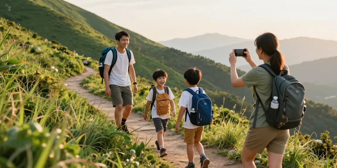 Family enjoying a mountain hike at sunset, showcasing mantra88 login and adventure spirit.