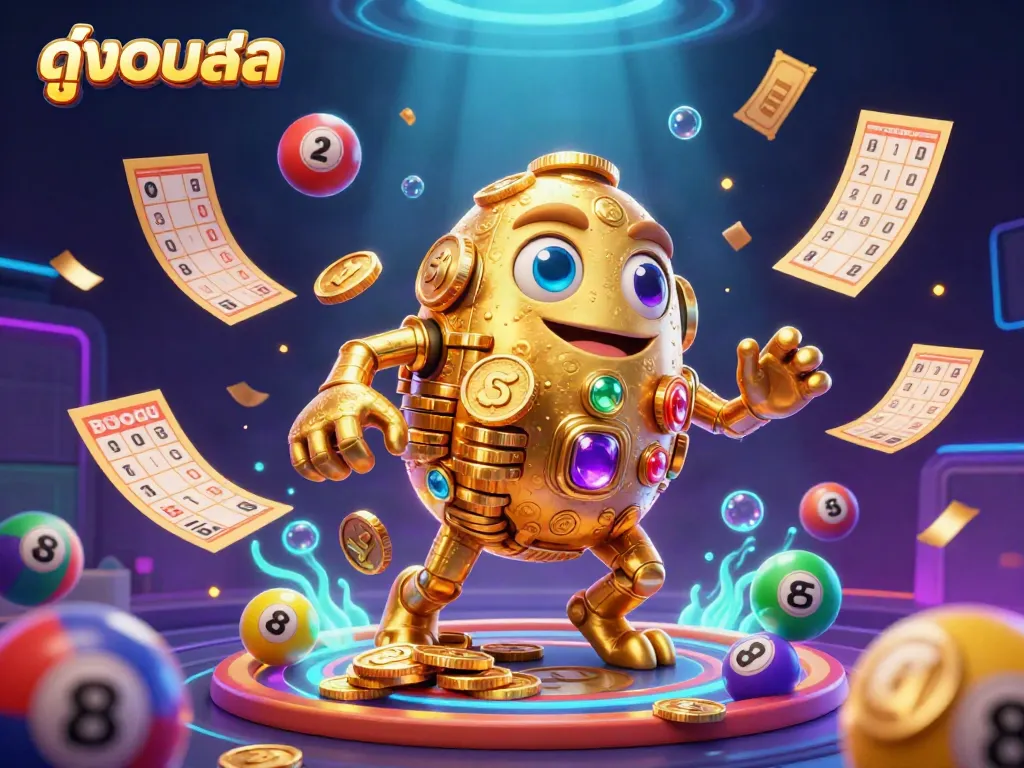 Experience thrilling ดูบอลสด with 3D golden golem and dynamic lottery elements in vibrant illustration.