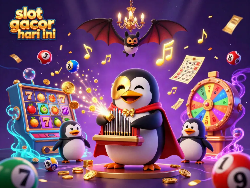 Experience the excitement of slot gacor hari ini with a vibrant 3D cartoon scene featuring a penguin, slot elements, and musical notes.