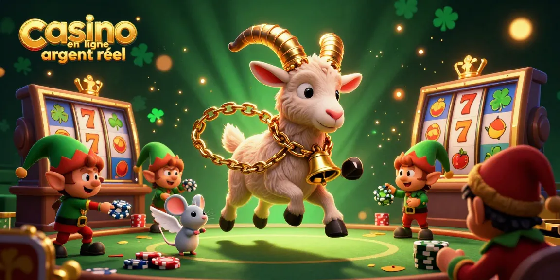 Illustration de casino en ligne argent réel avec un Krampus, une souris ange et des elfes gremlins volants.